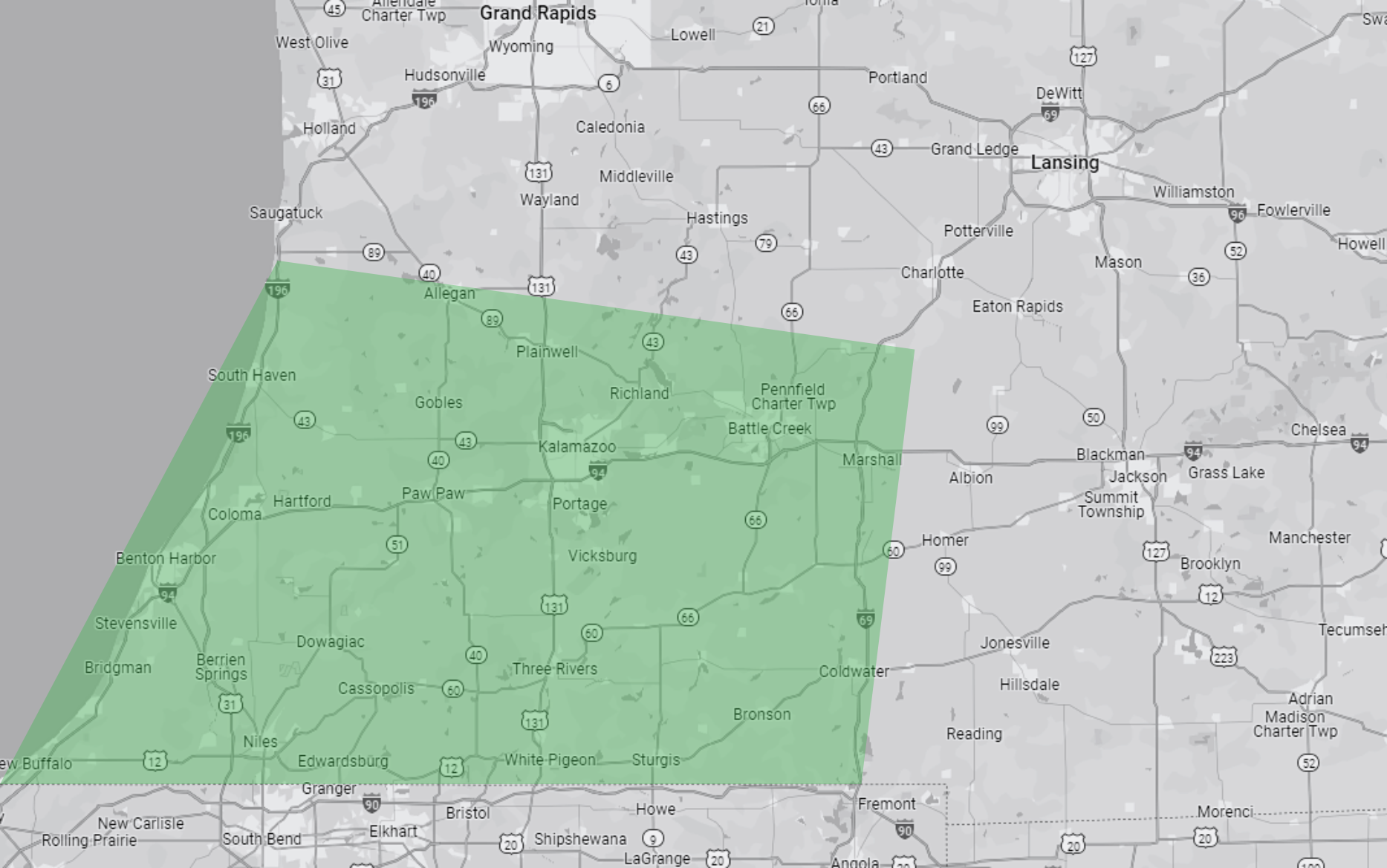 A map of southwest Michigan with a green shape showing the service area of Cornerstone Technologies.