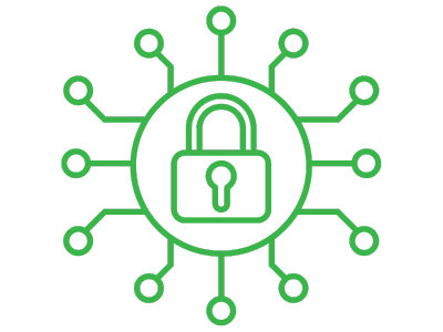 A circle with a padlock in the center and cyber connections coming out of the circle.