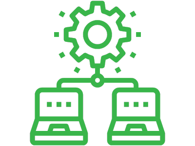 A graphic of two computers connected to one gear over the top of them.