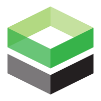 The cube from the Cornerstone logo. The cube is hallow. The top half is green. The bottom is black. There is a gab between the two halves.