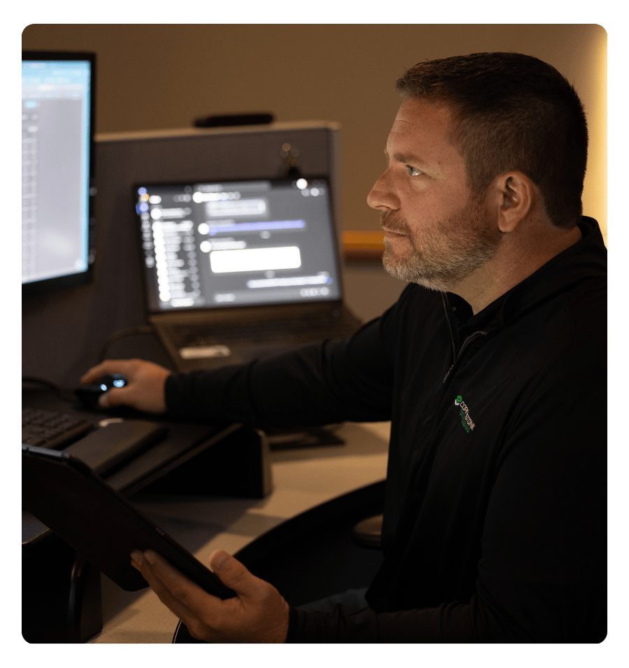 An I.T. tech working on a computer and tablet.