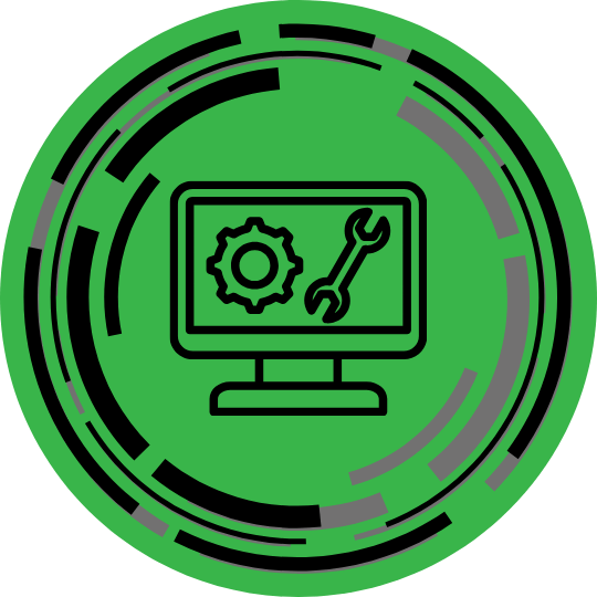 A green circle with black and gray circles just inside of it and in the center is a computer monitor that has a gear and a wrench on the screen.