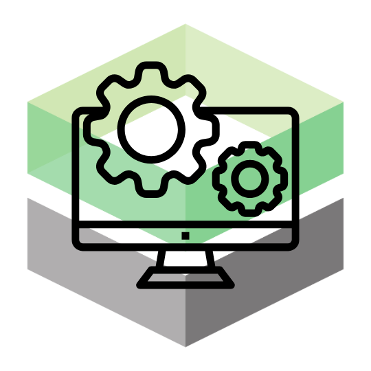 The Cornerstone Technologies cube logo with a graphic of a computer screen with two gears on the screen, on top.