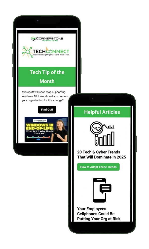 Two cellphones with previews of the Cornerstone Technologies TechConnect Newsletter.