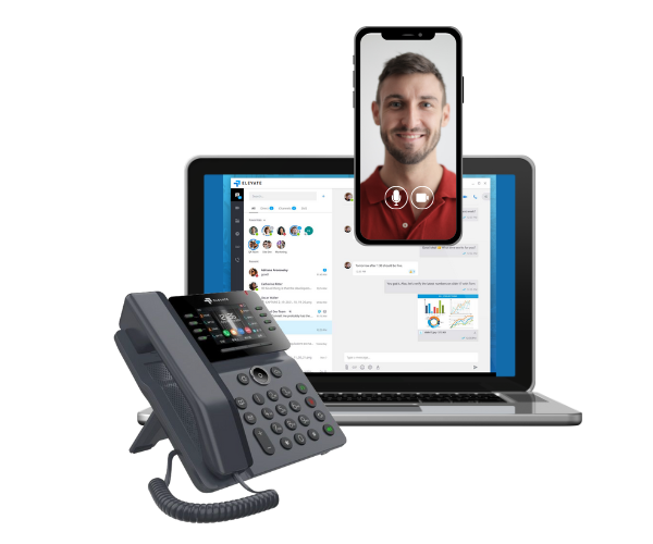 A desk phone, a laptop, and a cellphone - all on the same VoIP system.